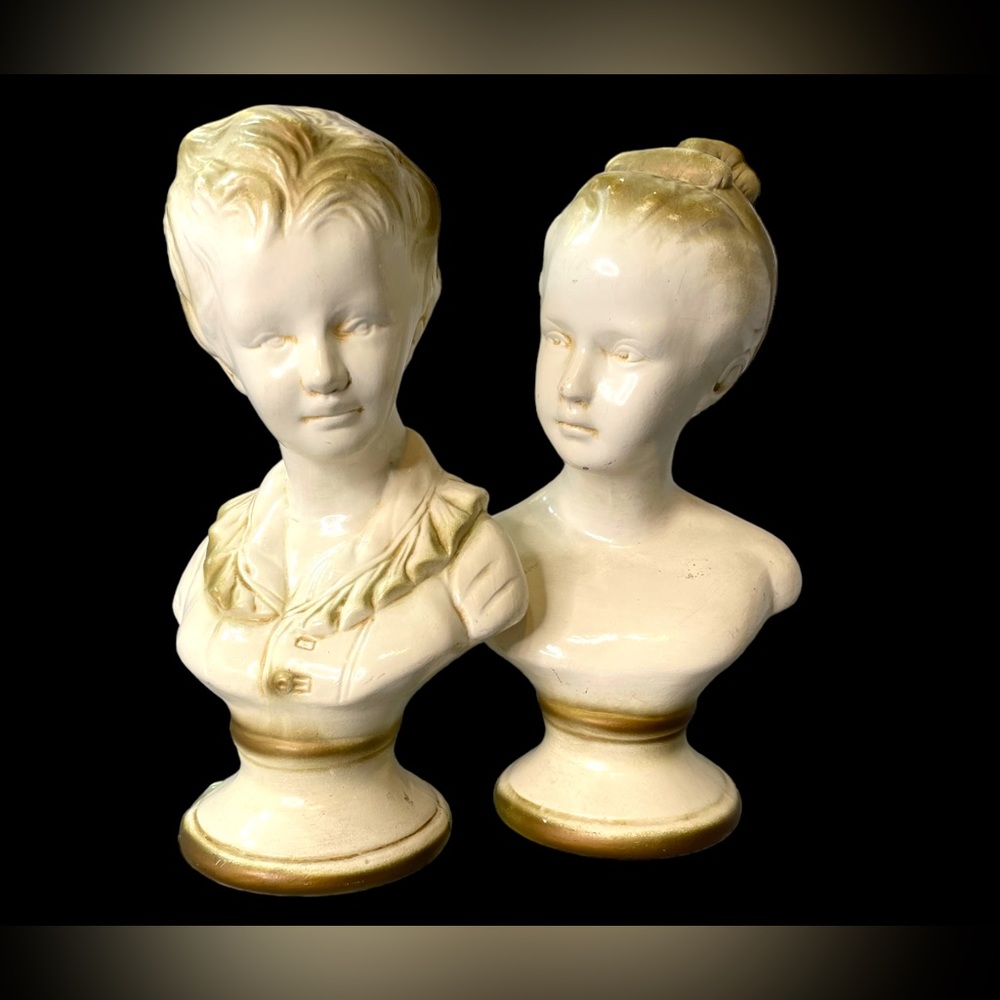 Victorian Boy Girl Busts ALEXANDER BACKER Pair of 10" Figures CHALKWARE CHILDREN